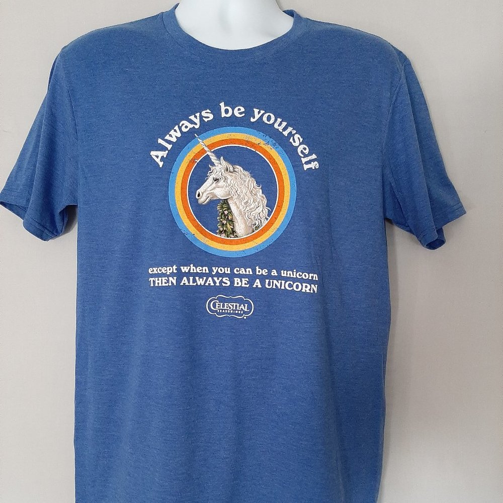 Celestial Seasonings Tea BLUE "Always be yourself" Unicorn t-shirt-NEW w/Tags